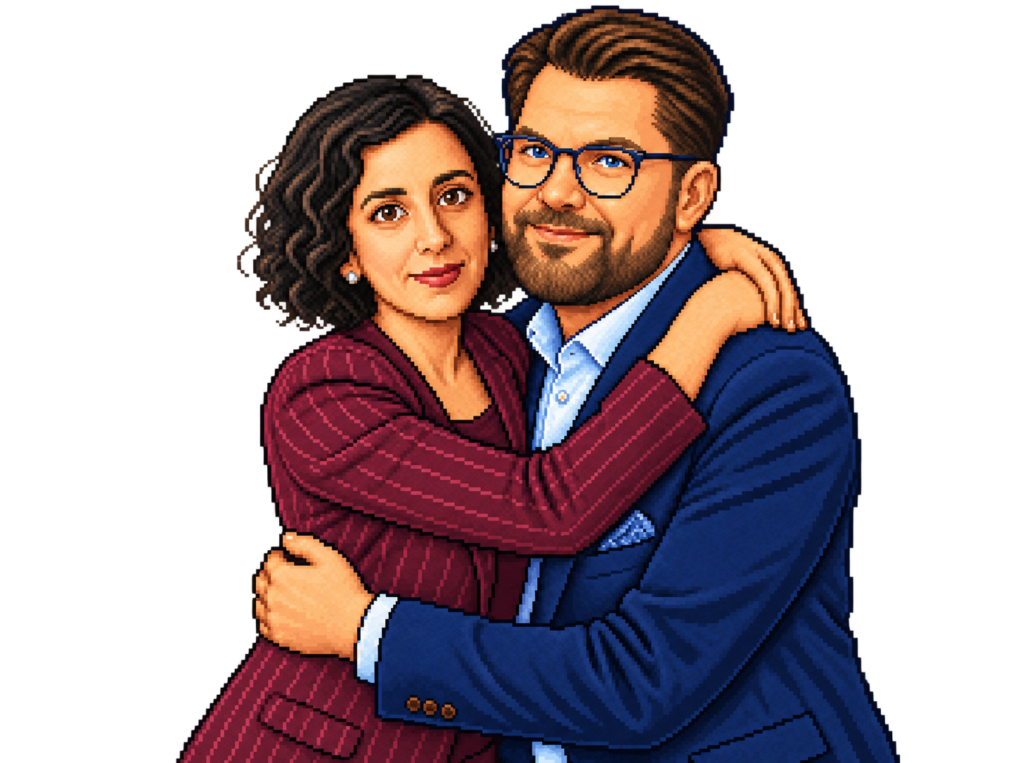 Fiktiv pixelillustration av Simona Mohamsson och Jimmie Åkesson som kramas bakom en talarstol
